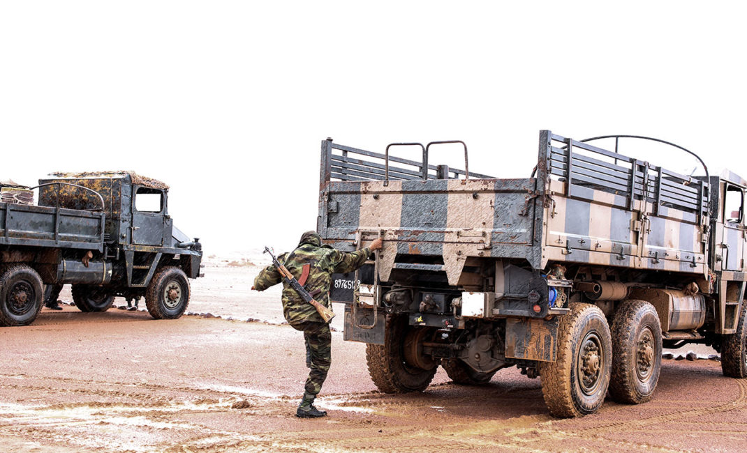 Military vehicles in the desert near Bir Lehlu