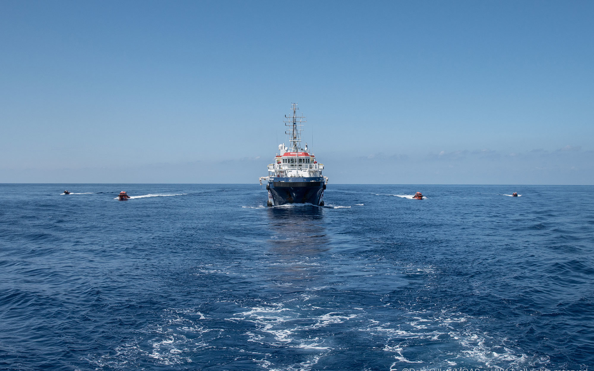 The rescue vessel belonging to Malta-based Migrant Offshore Aid Station (MOAS) crosses the Mediterranean