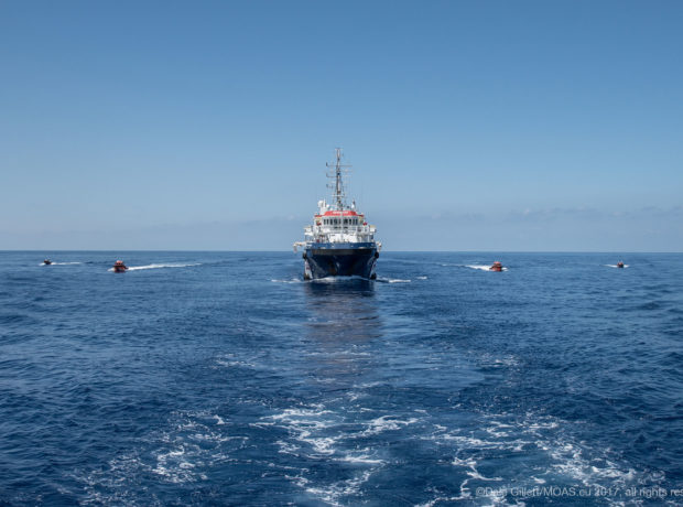 The rescue vessel belonging to Malta-based Migrant Offshore Aid Station (MOAS) crosses the Mediterranean