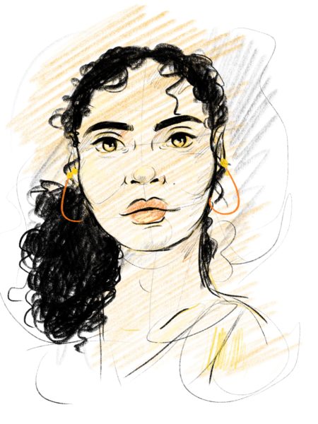 Artist's sketch of woman's face in shades of yellow
