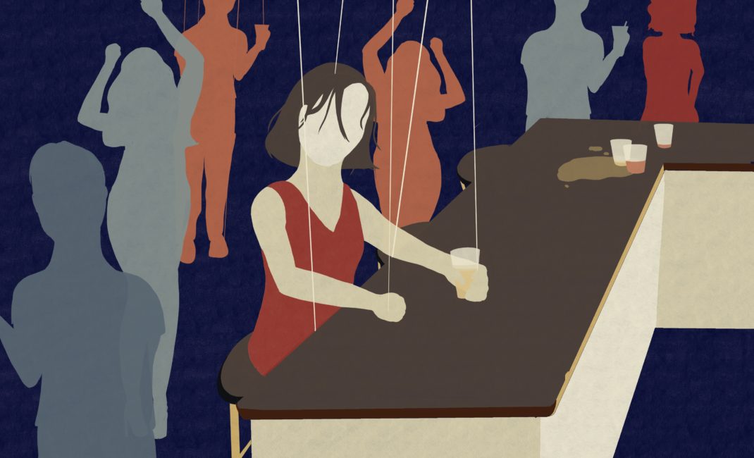 Artwork depicting a faceless woman at a nightclub with puppet's strings