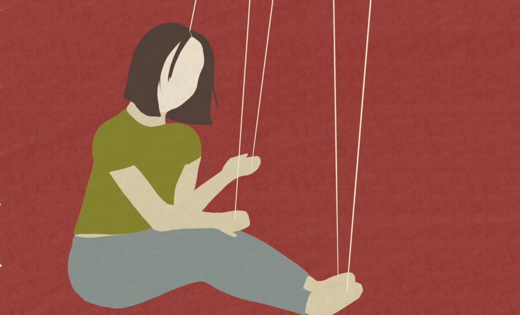 Artwork of faceless woman on puppet's strings with a red background