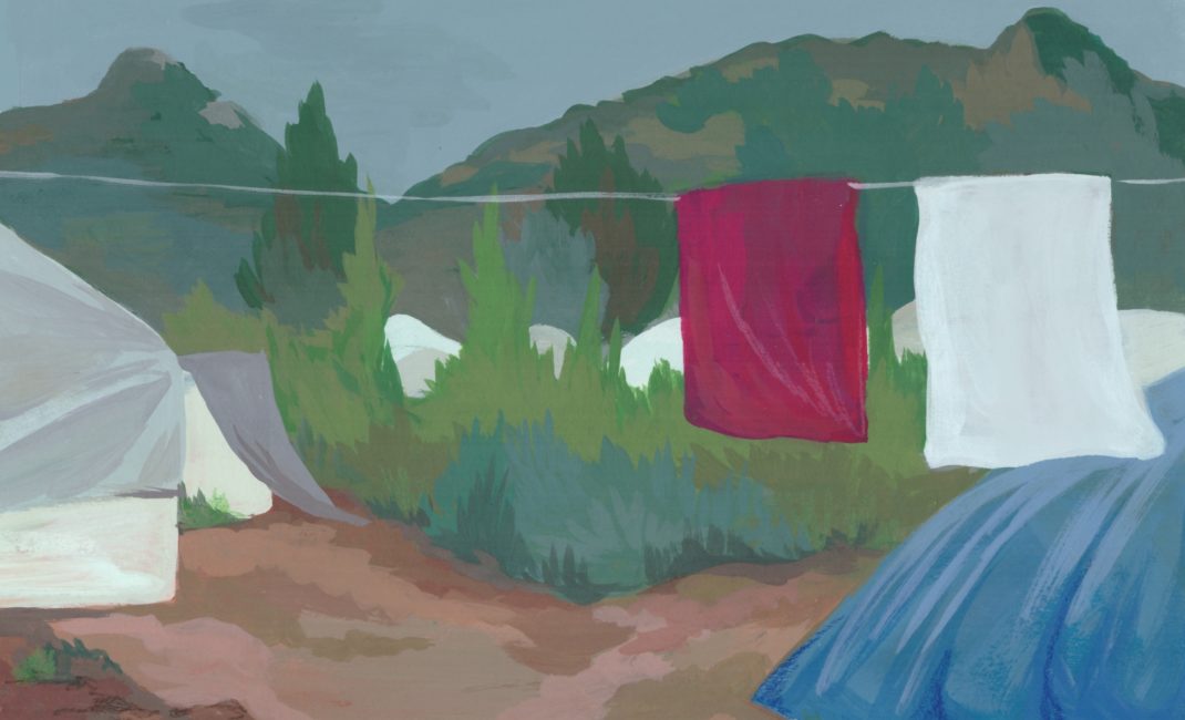 Painting of hanging clothes in refugee camp