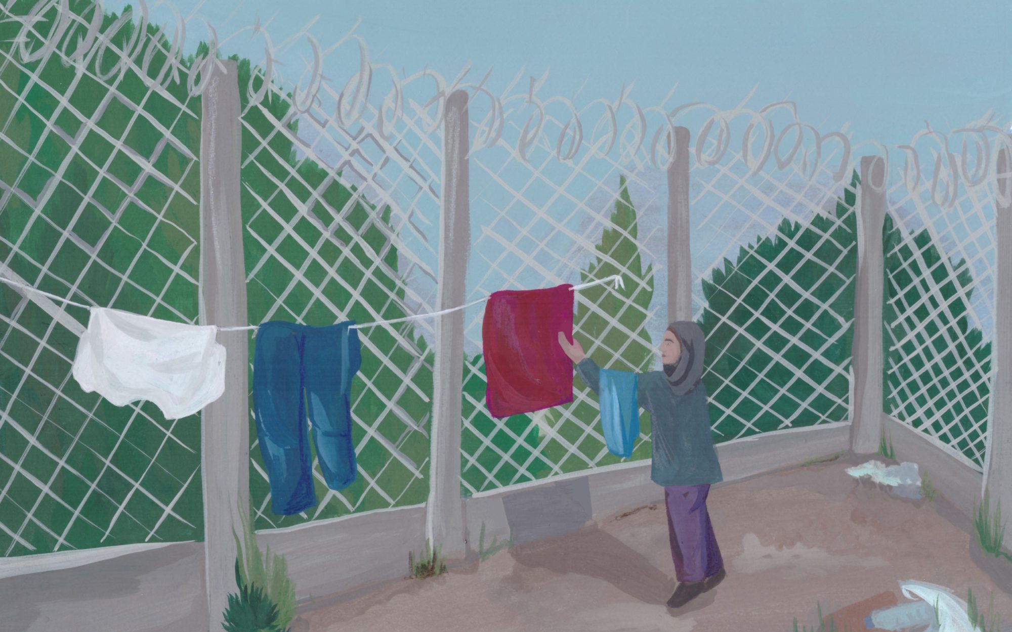 Painting of refugee woman hanging clothes in refugee camp against barbed wire fence