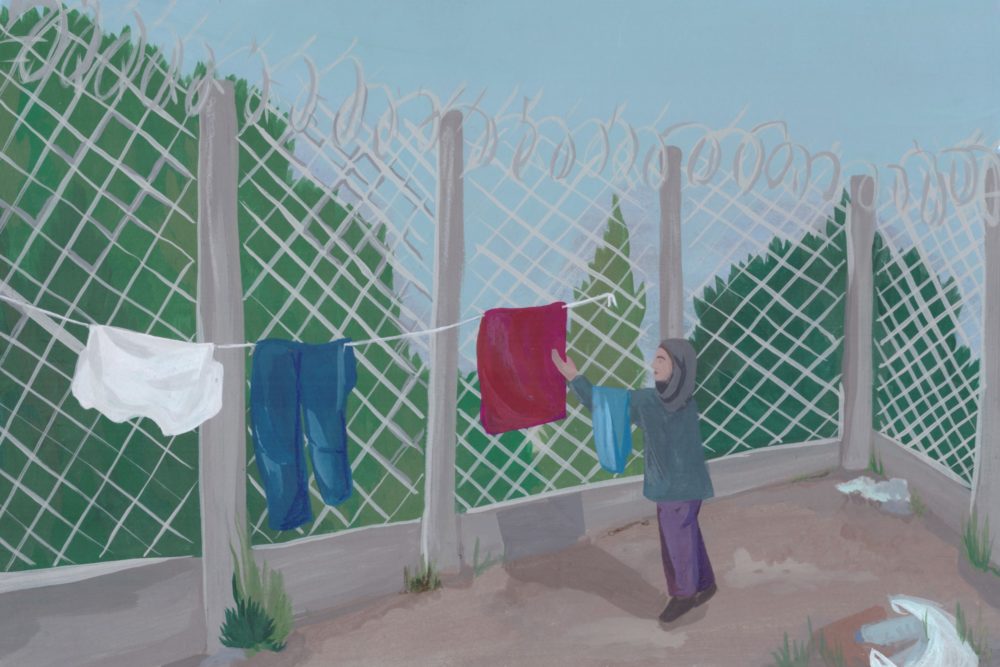 Painting of refugee woman hanging clothes in refugee camp against barbed wire fence