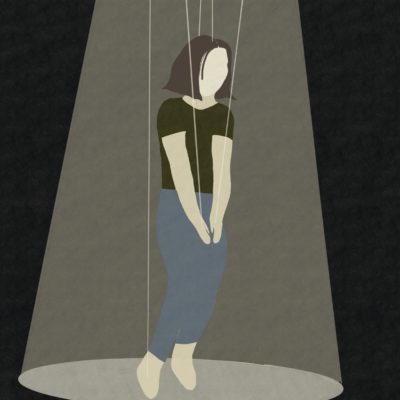 Artwork depicting a faceless woman in a spotlight on puppet's strings
