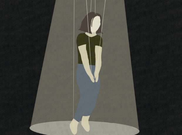 Artwork depicting a faceless woman in a spotlight on puppet's strings