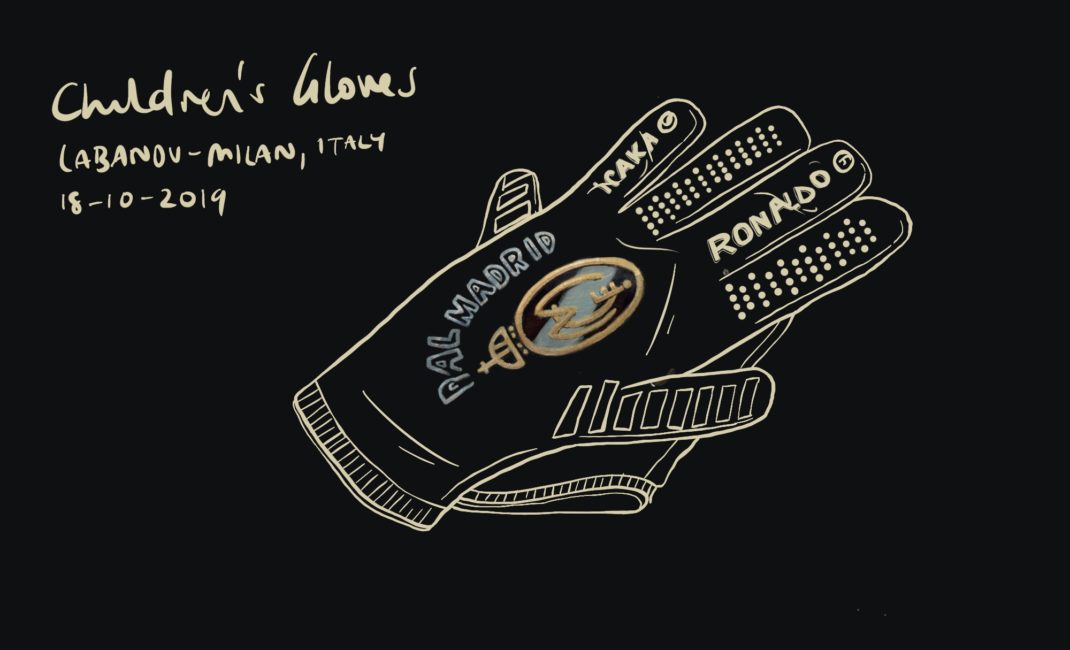 A sketch of a pair of child's gloves found after a boat sank in the Mediterranean