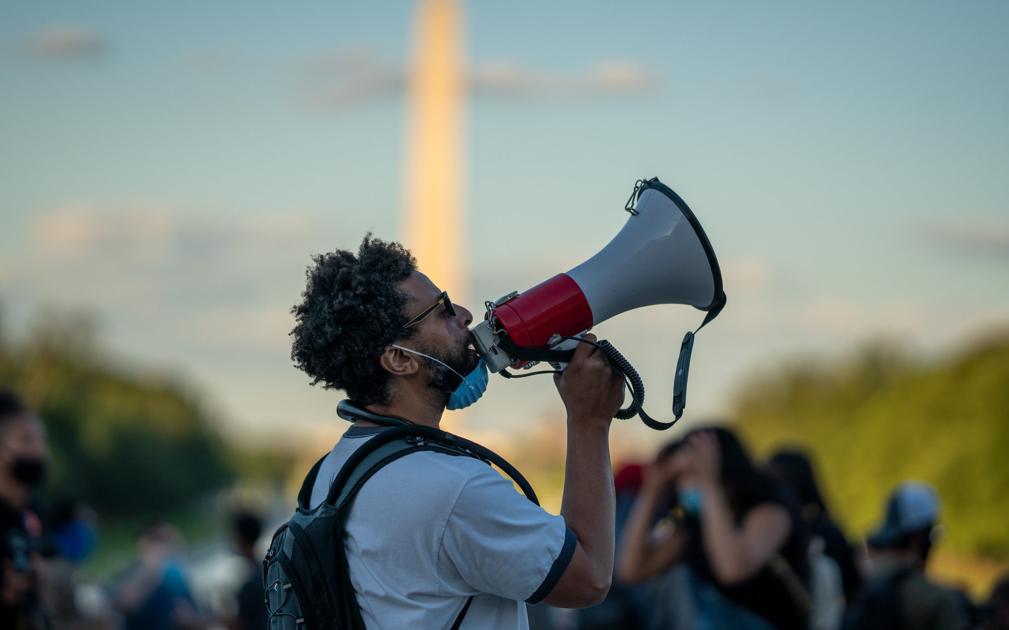 A protester with a loud hailer at the George Floyd Black Lives Matter protest at the Lincoln Memorial