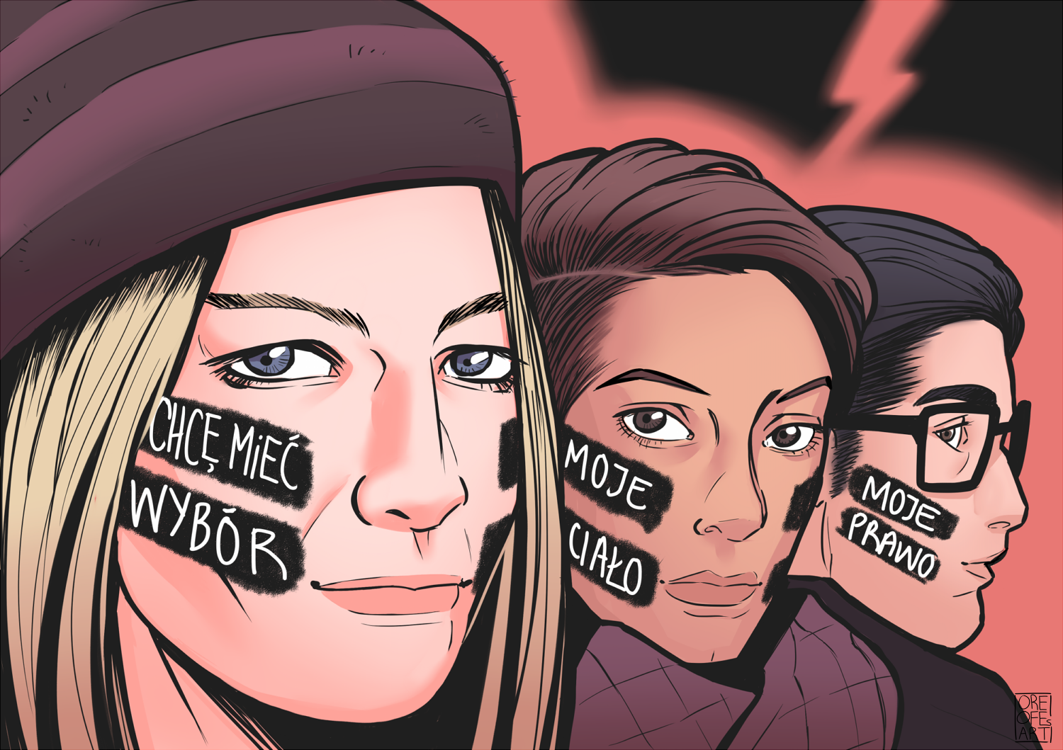 Sketch of three women's faces, each with Abortion without Borders slogans streaked across their cheeks