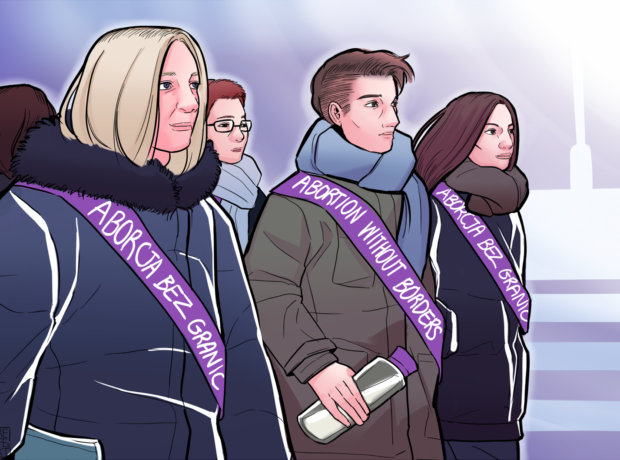 Sketch of four women wearing Abortion Without Borders sashes over their winter coats as they march in protest