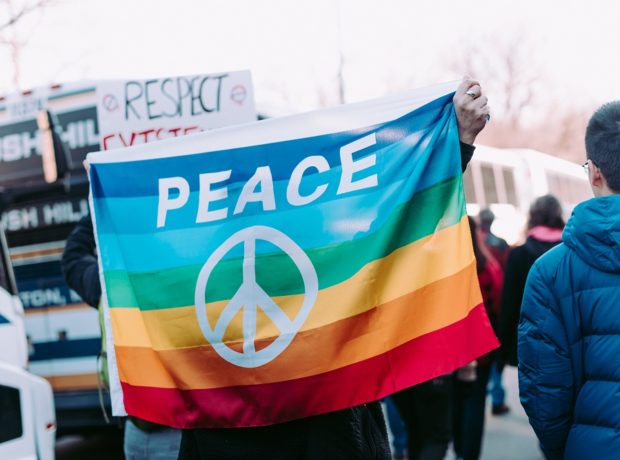 A rainbow-coloured flag bearing the word PEACE and a peace sign is carried in a crowd of people