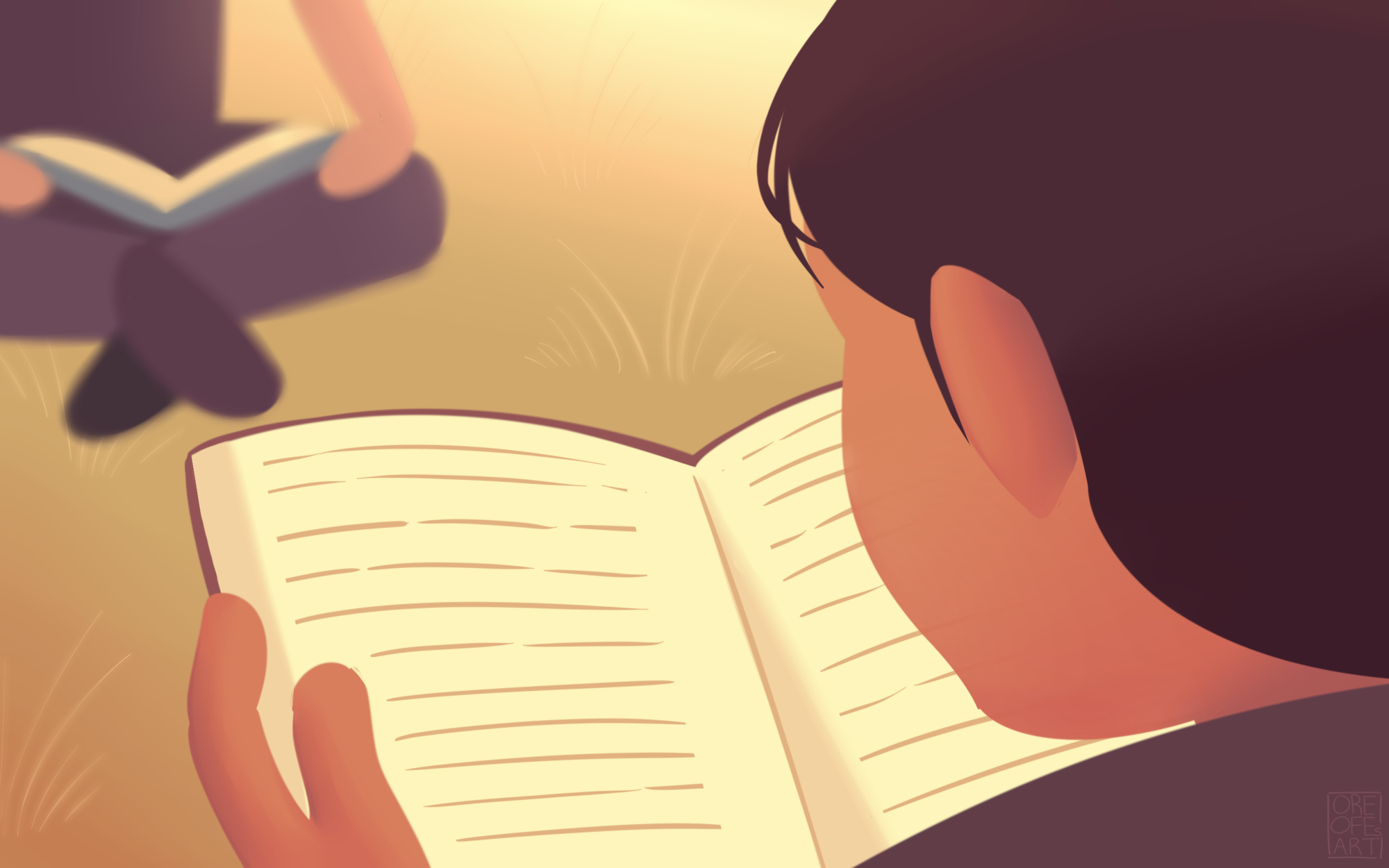In this cartoon-like drawing, we peer over the shoulder of a child who is sitting reading a book