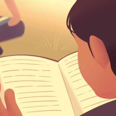 In this cartoon-like drawing, we peer over the shoulder of a child who is sitting reading a book