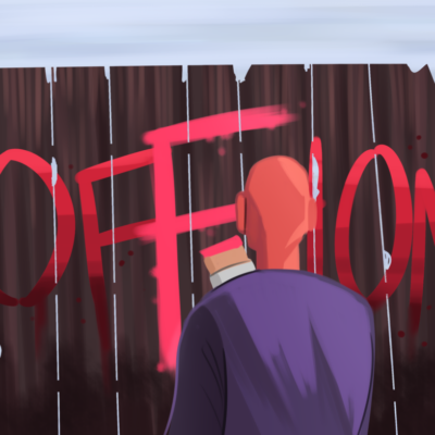 A man stands with his back to us, painting a red F over graffiti on a fence