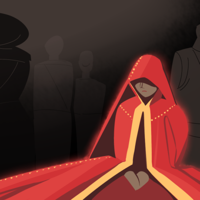 A long red and gold gown shrouds a woman while dark figures walk past her.