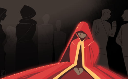 A long red and gold gown shrouds a woman while dark figures walk past her. 