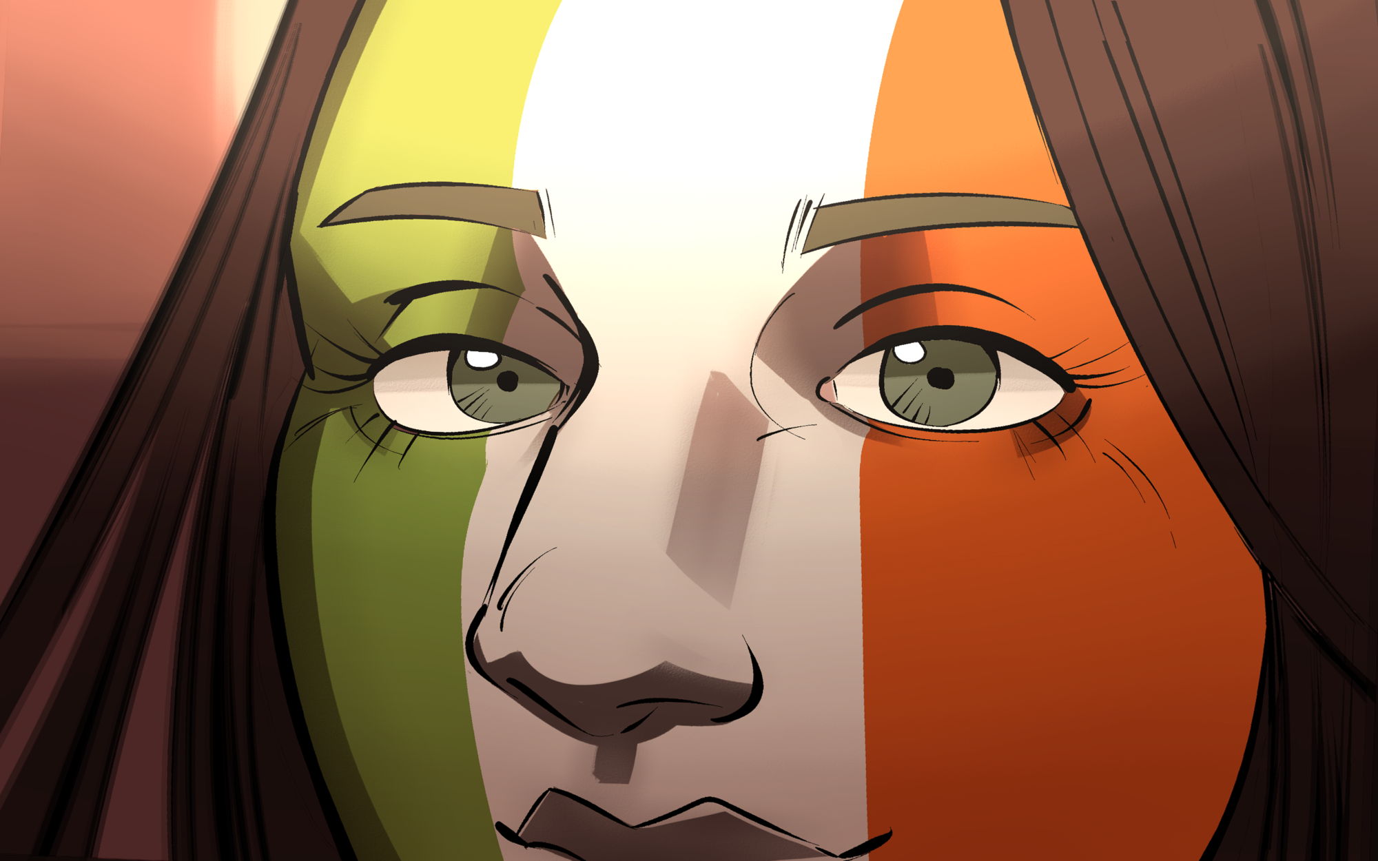 Close-up of a face painted in the tricolour Irish flag