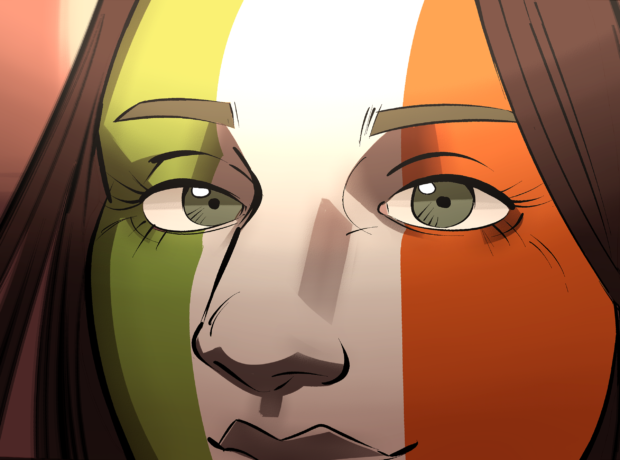 Close-up of a face painted in the tricolour Irish flag