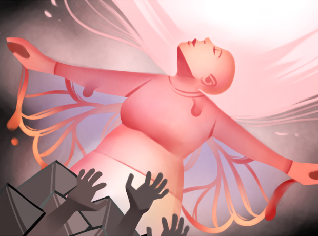 A woman with pink butterfly wings emerges, looking skyward, from a sea of grey grasping hands