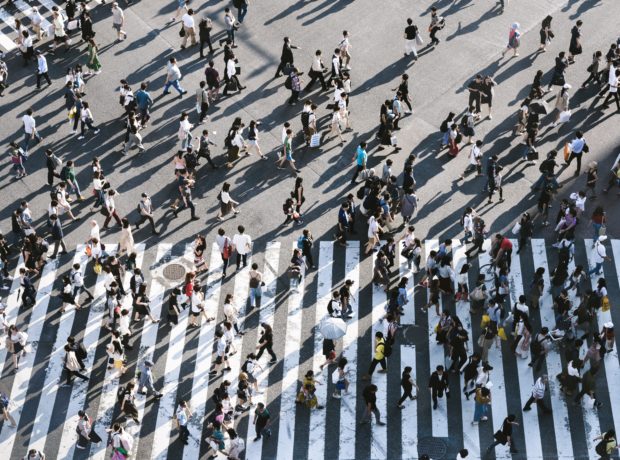 Aerial view of a busy pedestrian crossing in Japan