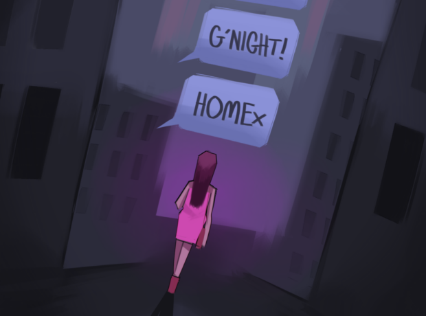 A woman in a pink dress walks down a dark alleyway with text message bubbles appearing above her reading "Home x" and "G,night"