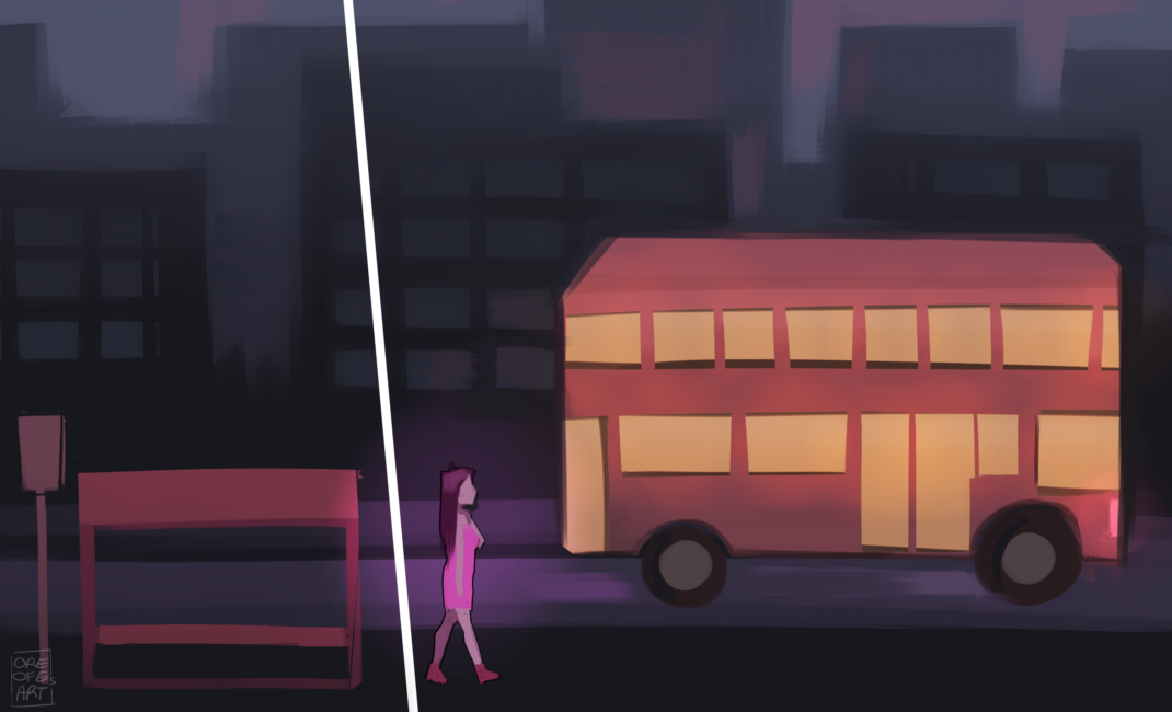 A woman is approaching a double-decker bus 