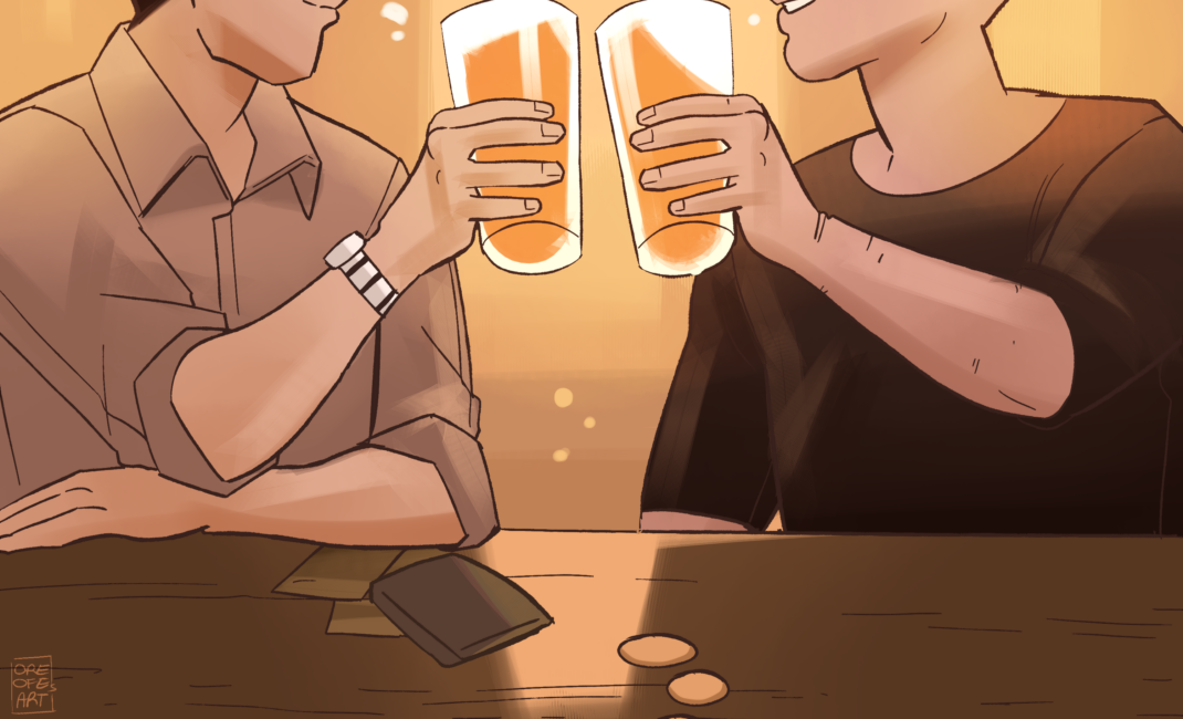 Two men in a pub clinking full beer glasses and smiling at each other