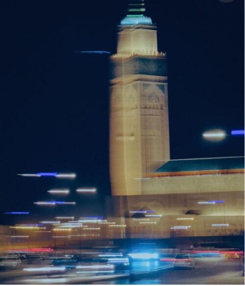 Hassan II mosque out of focus in the night