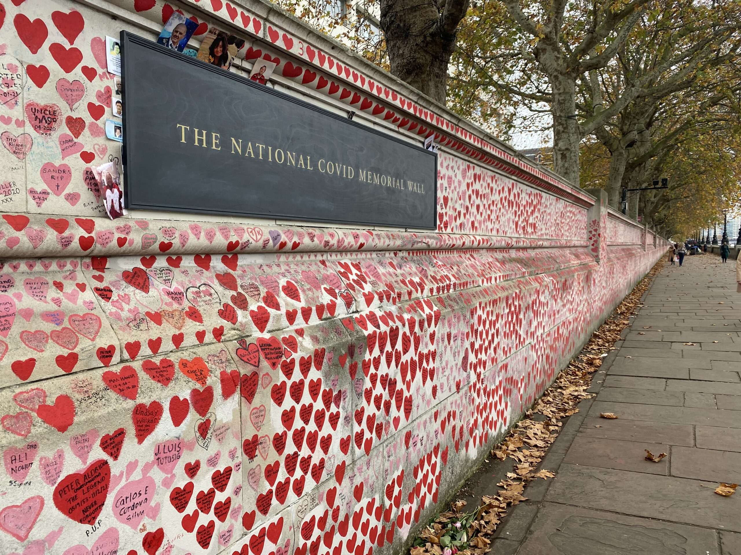 Photo of the COVID-19 Memorial Wall. it is covered by red and pink hearts along with the names of deceased loved ones