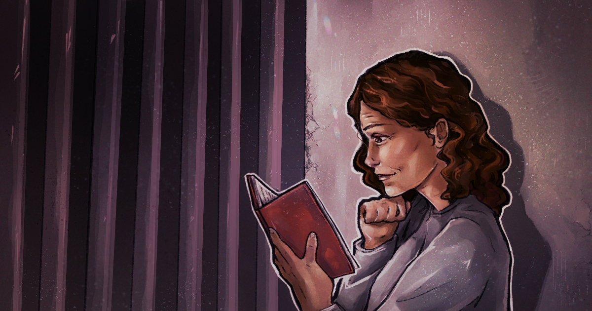 art showing a woman sitting behind bars, reading a book