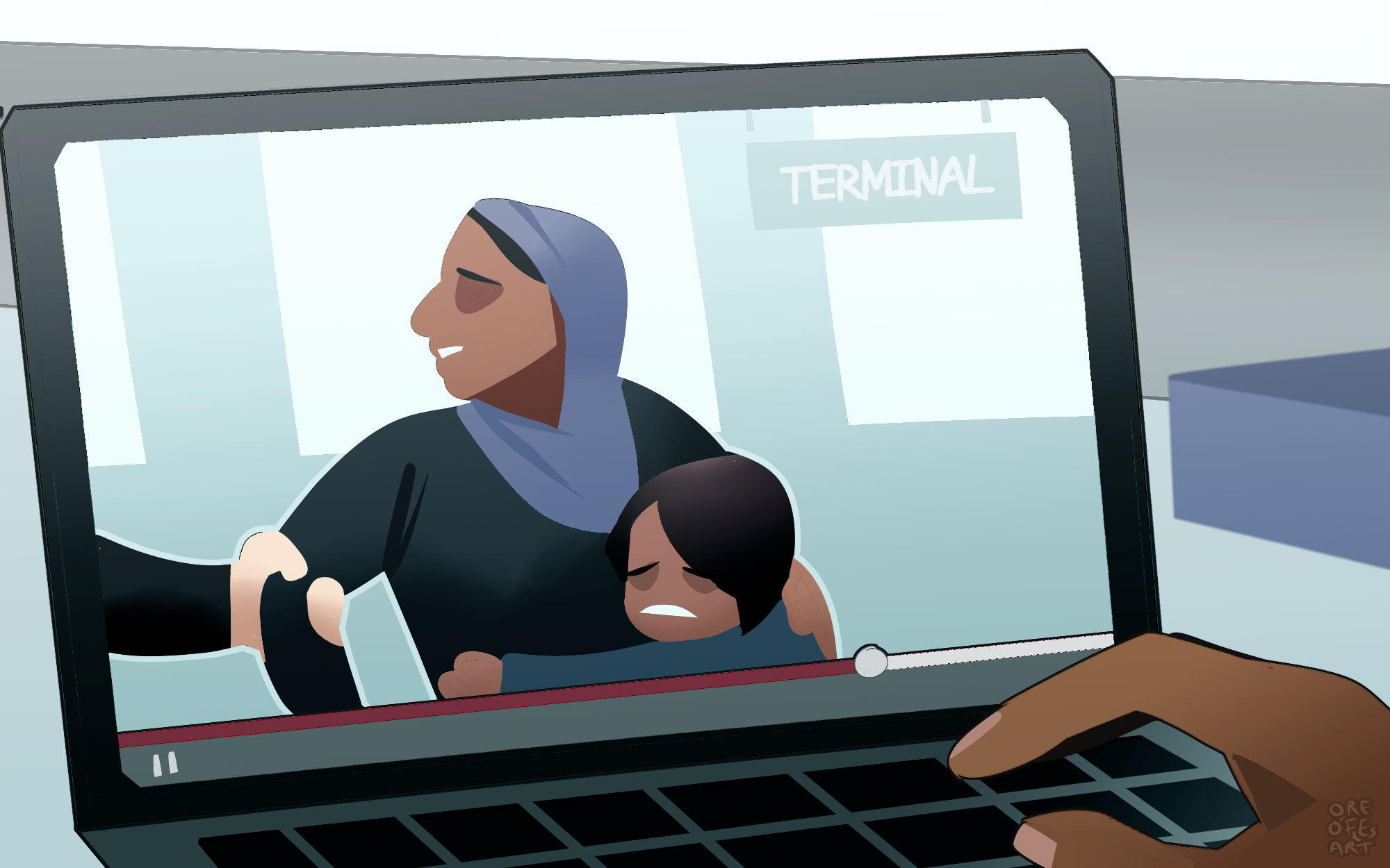 An illustration of a laptop screen showing a distressed woman in a hijab being pulled through an airport terminal while holding her distressed child