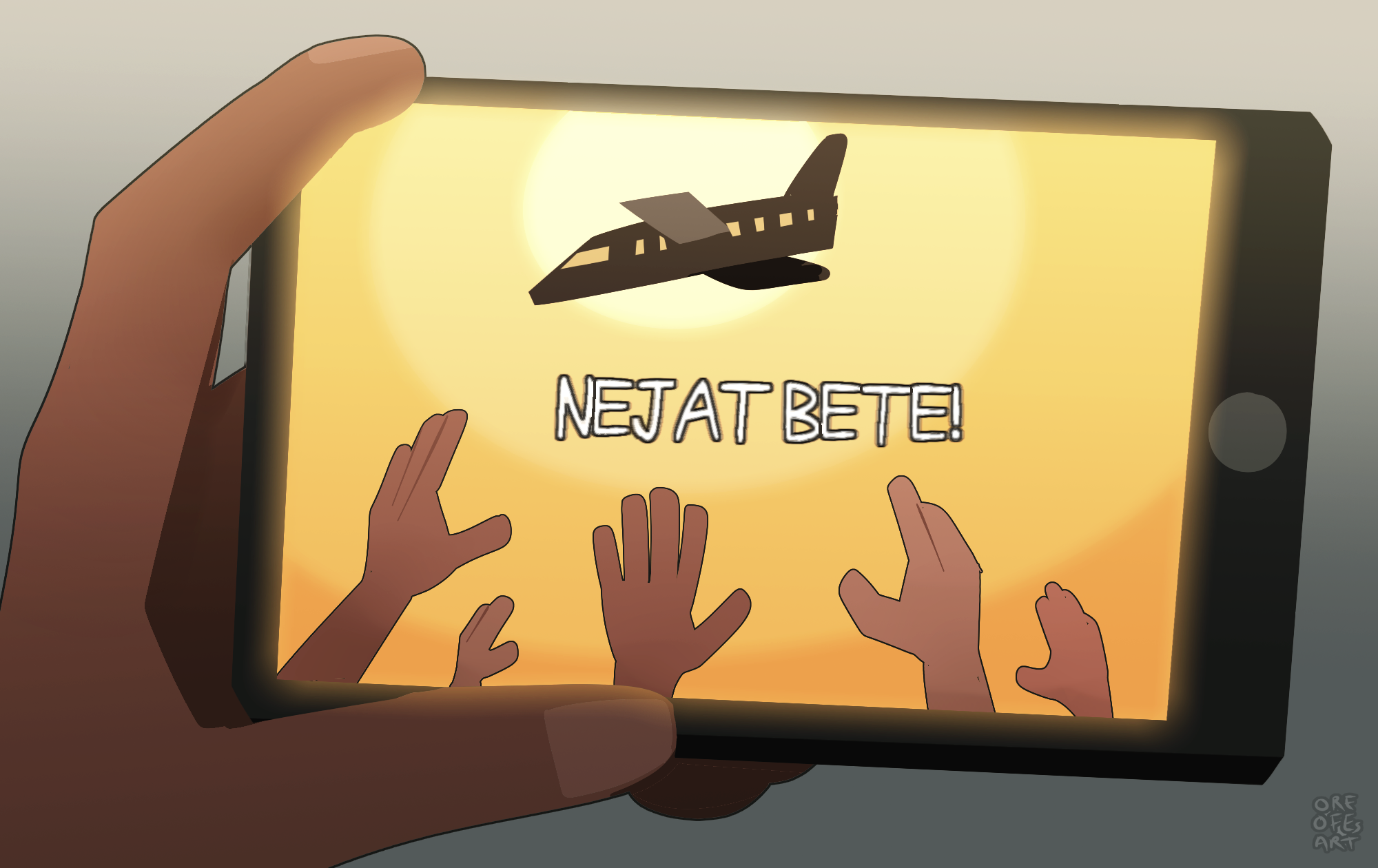 An illustration of a phone screen showing a falling airplane with hands raised up toward it with the text "Nejat bete" which translates to "Save me"