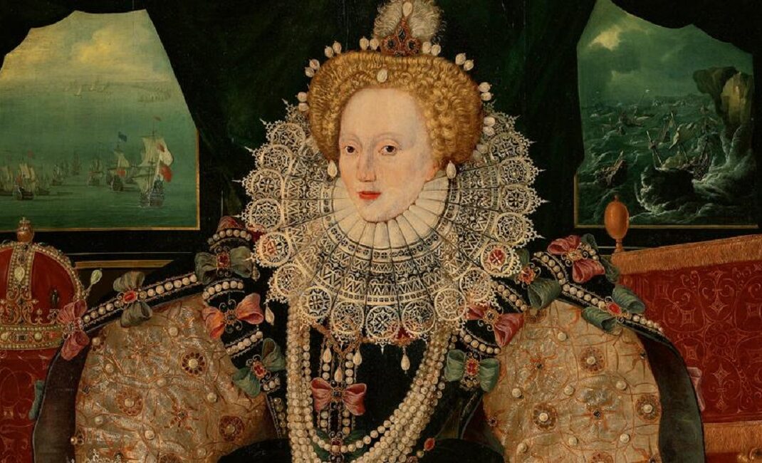Famous armada painting depicting Queen Elizabeth I after victory over the Spanish Armada, dressed in royal finery and with arms resting over the globe - for How can teachers begin to decolonise the curriculum?