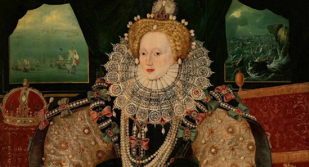 Famous armada painting depicting Queen Elizabeth I after victory over the Spanish Armada, dressed in royal finery and with arms resting over the globe