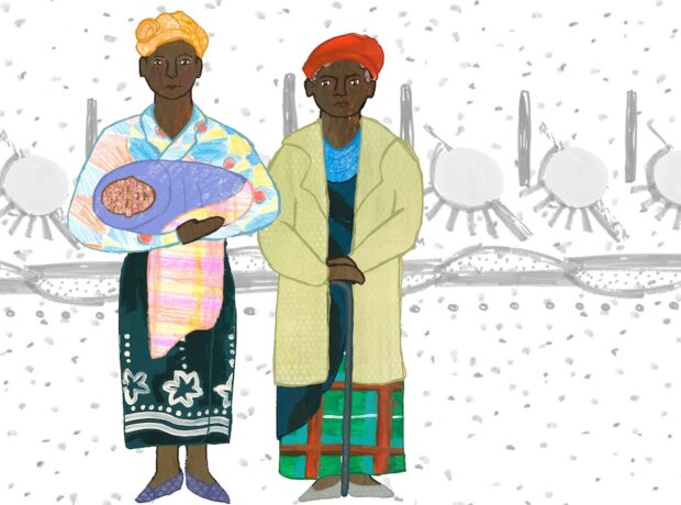 art piece showing two black women, one holding a baby on a white and grey background; the women wear turbans and colourful skirts