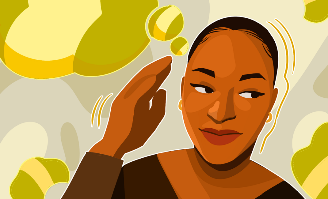 Illustration shows woman listening to speech bubbles filled with the flag of Nigeria - for Yoruba language story