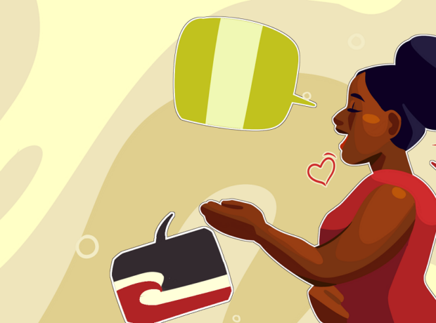 Illustration shows a woman with speech bubbles in the form of flags: Nigeria, Maori, Ghana, India Ireland