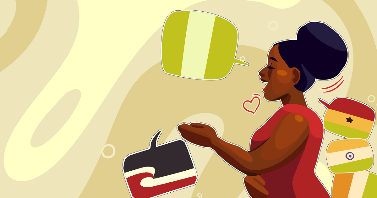 Illustration shows a woman with speech bubbles in the form of flags: Nigeria, Maori, Ghana, India Ireland