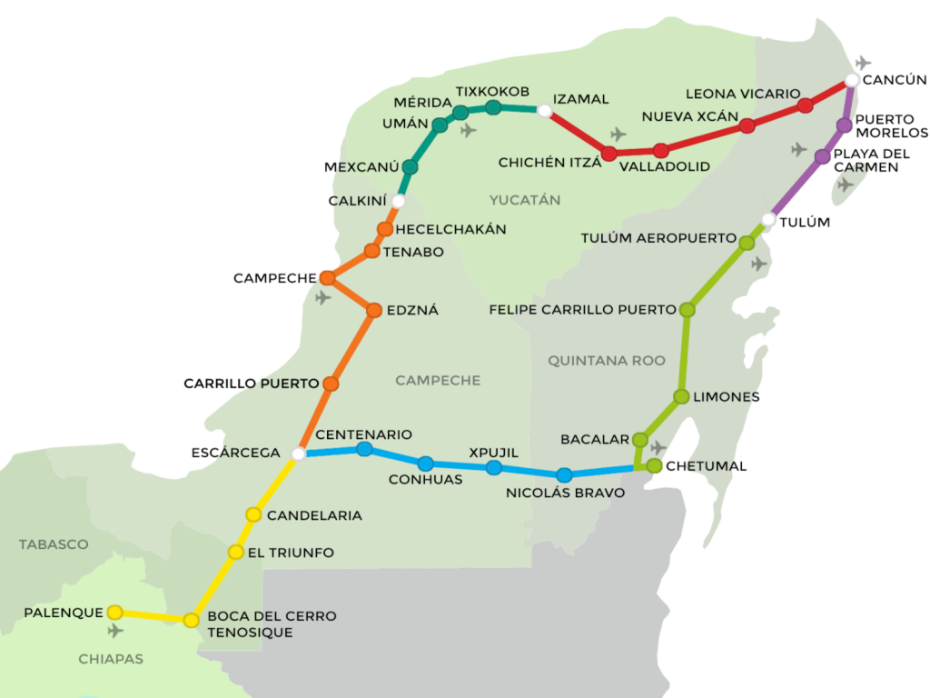 The Maya Train map showing seven different sections (from Ruta Tren Maya)