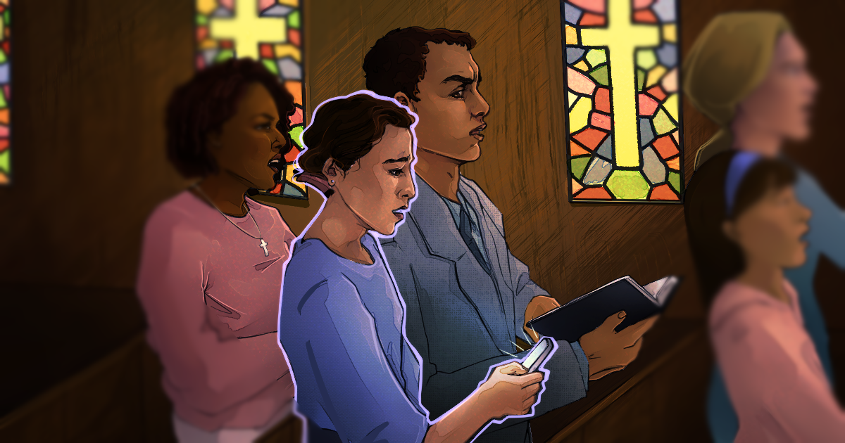 people standing in a church, one woman is looking at her phone, looking anxiously, illuminated 