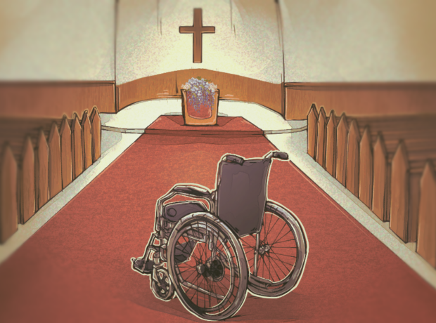 wheelchair standing in a church
