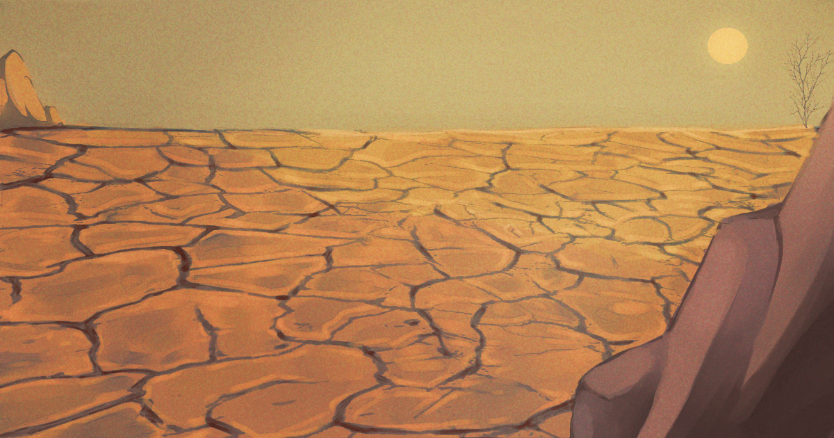 a dry cracked desert with a faint yellow sun on the horizon 