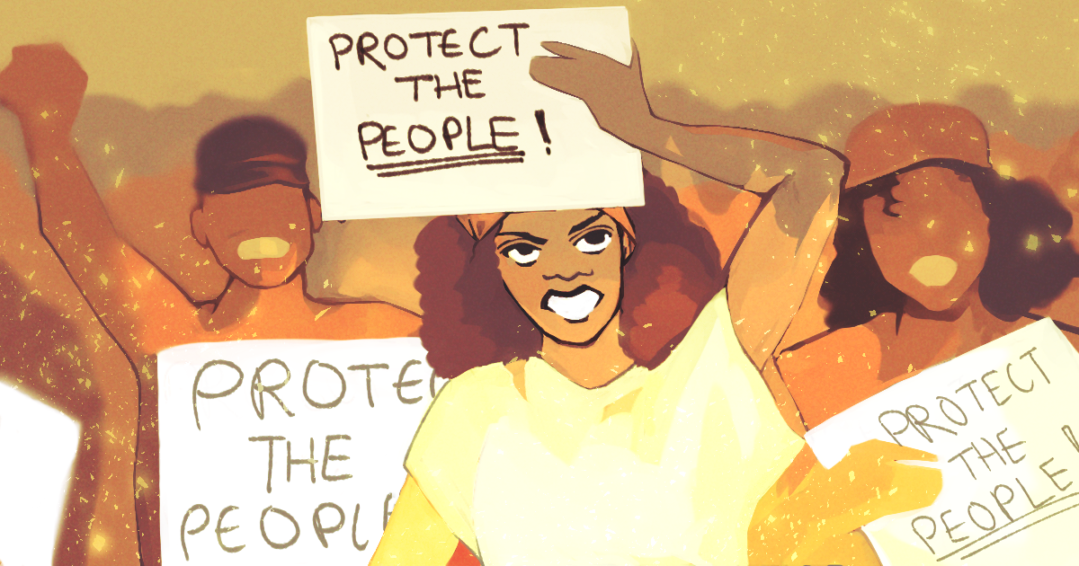 An illustration of a protest. One woman in the centre is in focus. She holds a sign which reads "Protect the people!". 'People' is underlined twice. Two others who are out of focus and behind her hold the same sign. They all appear to be near the fires happening at the sponsor centre