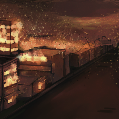 An illustration of a dark brown cities up in flames. The sky is dark and the road is empty. The buildings are on fire