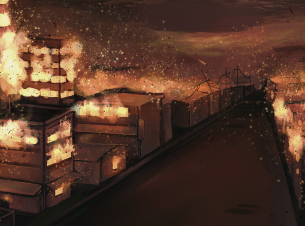 An illustration of a dark brown cities up in flames. The sky is dark and the road is empty. The buildings are on fire