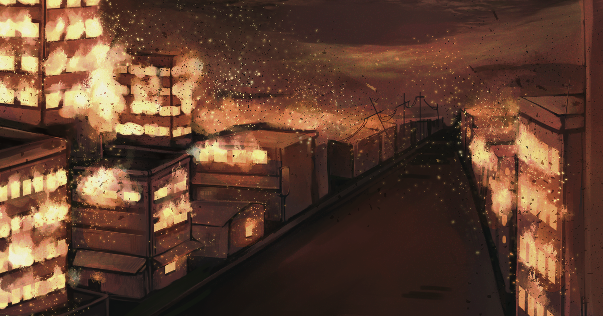 An illustration of a dark brown cities up in flames. The sky is dark and the road is empty. The buildings are on fire
