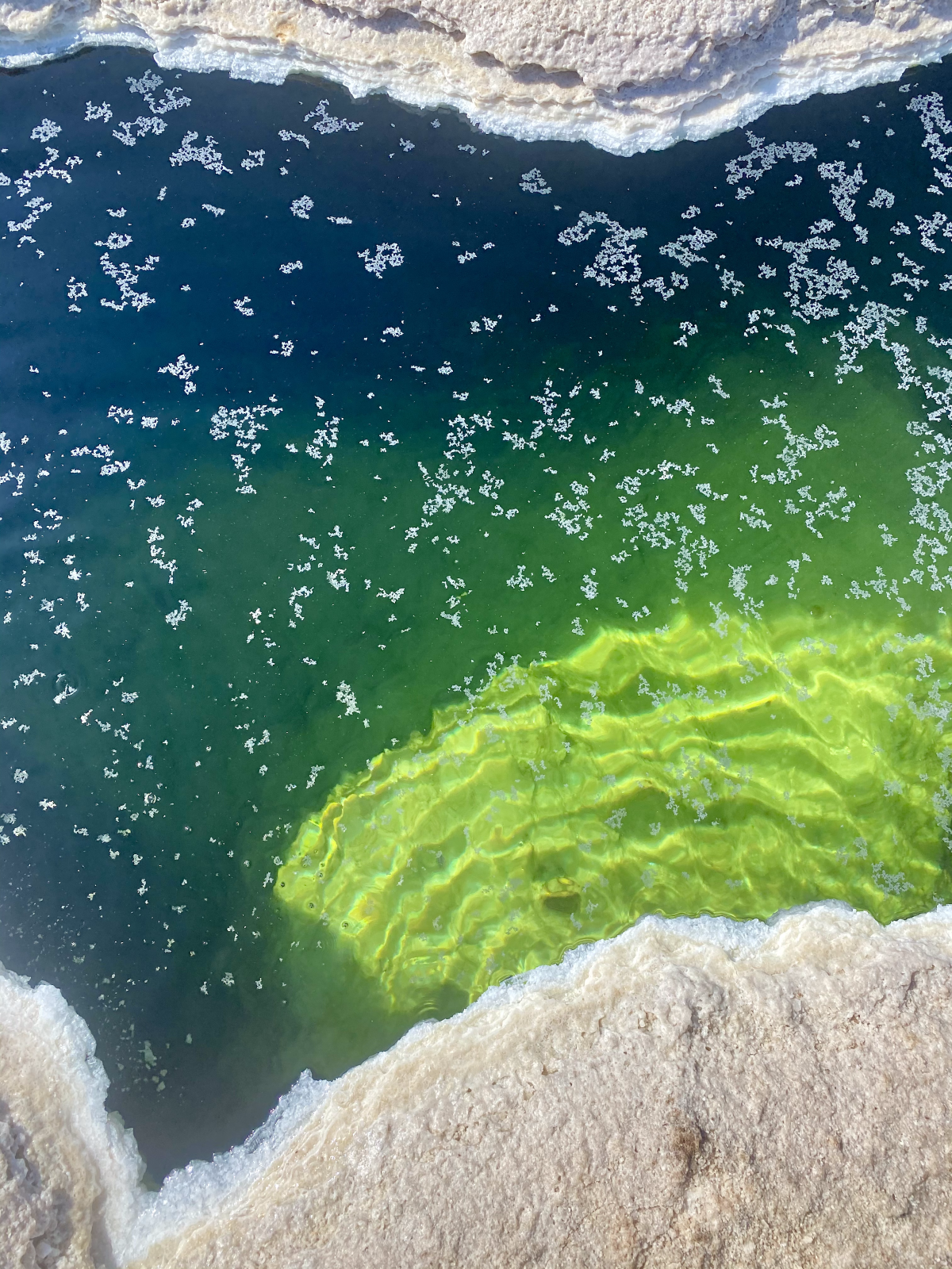 Another close-up of the toxic pools. The water gradients from light neon green, to dark green, to a deep blue. The liquid is surrounded by white crystal formations and smaller white particles which float atop the water