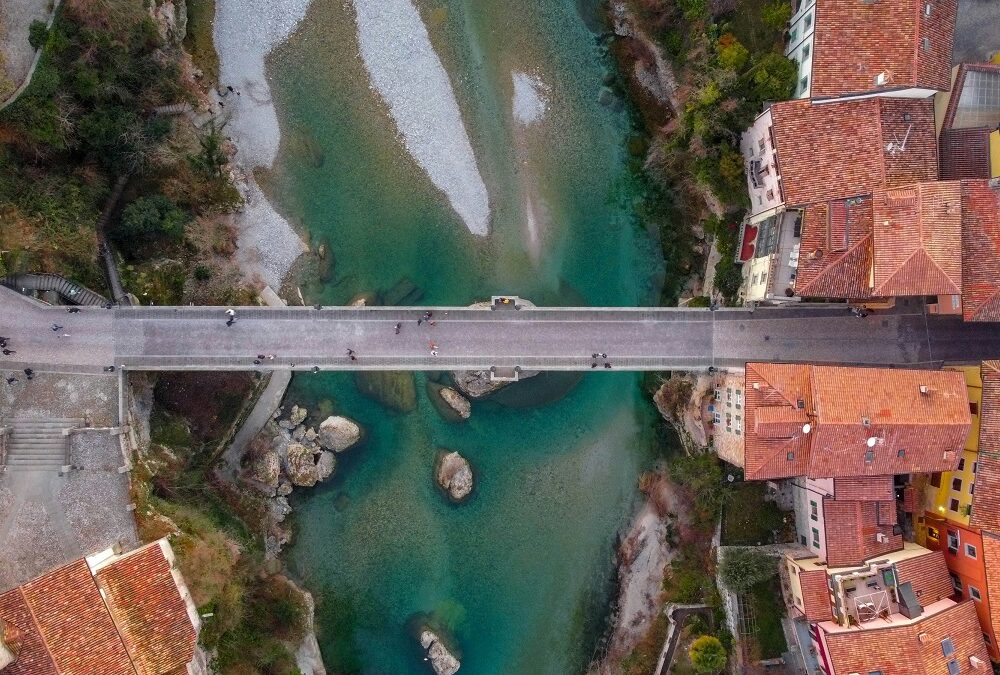 An aerial view of Devil's Bridge (Ponte del Diavolo) crossing the Natisone River in Cividale del Friuli, Italy