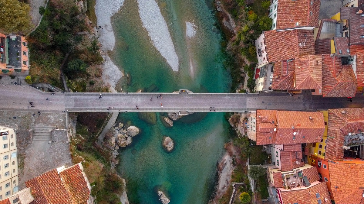 An aerial view of Devil's Bridge (Ponte del Diavolo) crossing the Natisone River in Cividale del Friuli, Italy